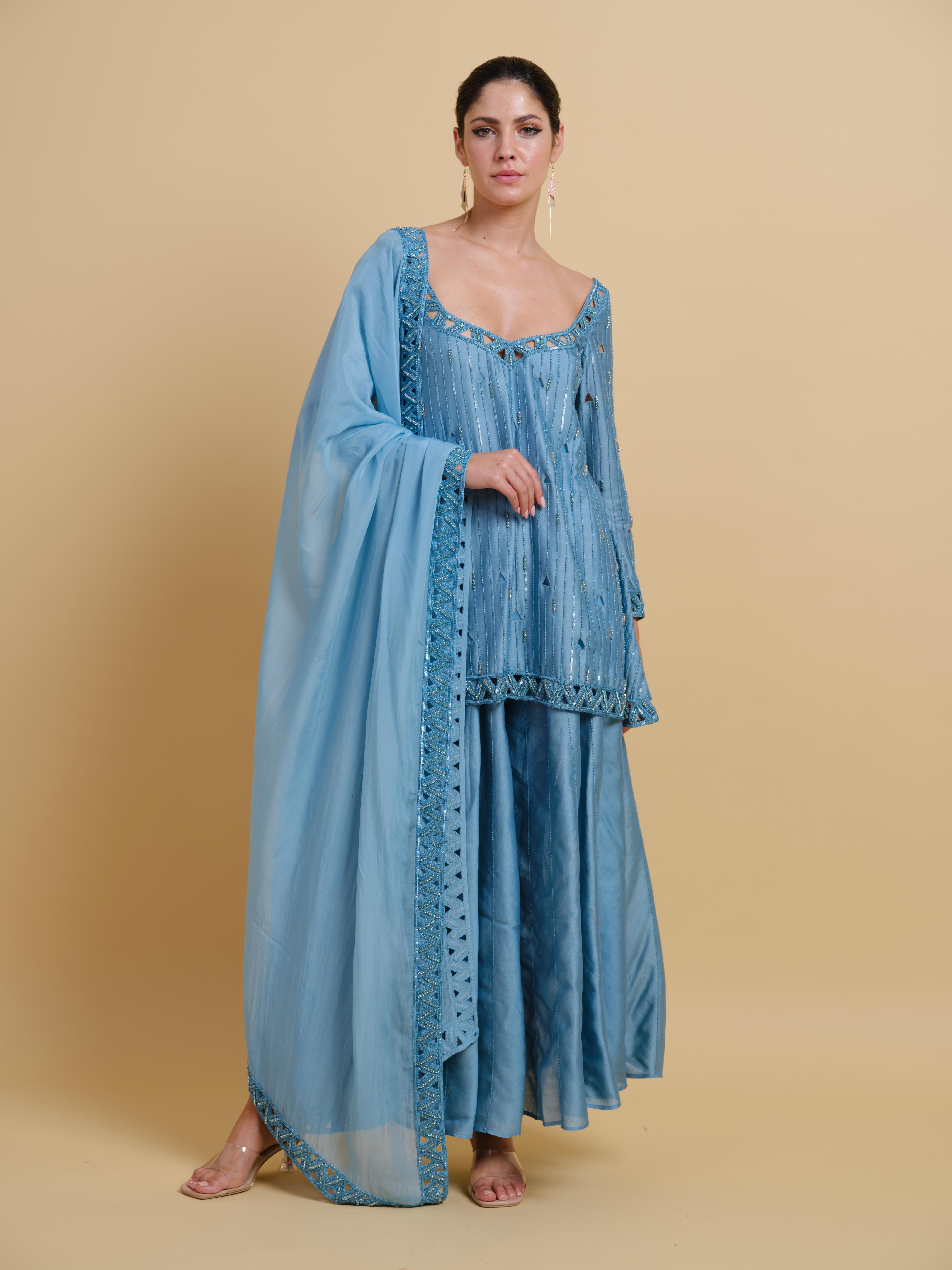 Keshini Kurta Set- Blue Palazzo Set with Cut Work Embroidery – The Mola ...